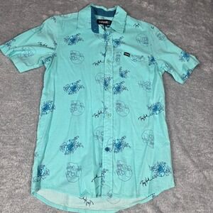 Tony Hawk Shirt Mens Small Turquoise Skull Rose Graphic Button Down Good Skater